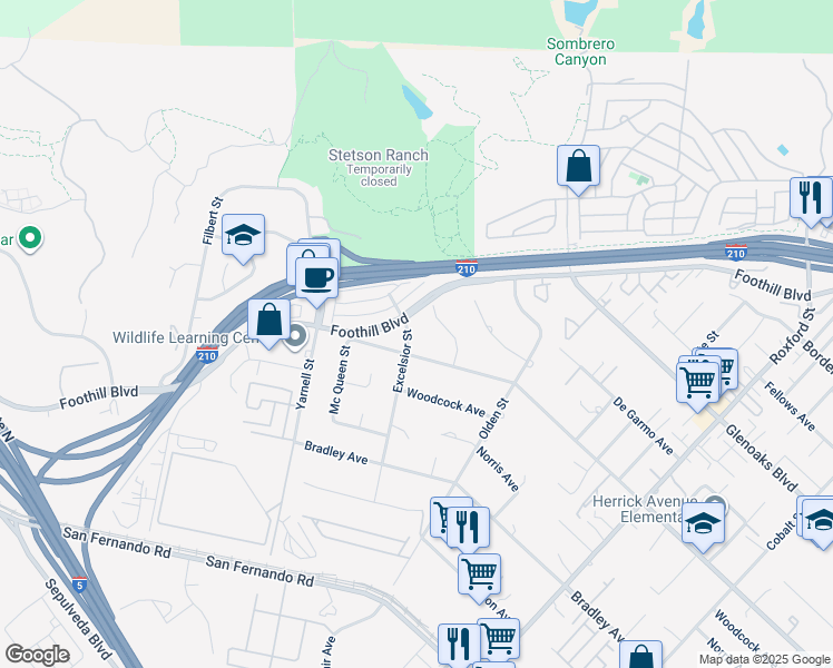 map of restaurants, bars, coffee shops, grocery stores, and more near 15570 Excelsior Street in Los Angeles