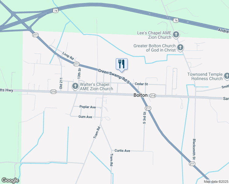 map of restaurants, bars, coffee shops, grocery stores, and more near 15415 Sam Potts Highway in Bolton