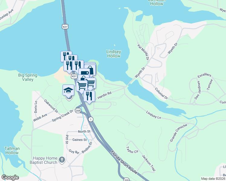 map of restaurants, bars, coffee shops, grocery stores, and more near 3256 Hardin Road in Guntersville