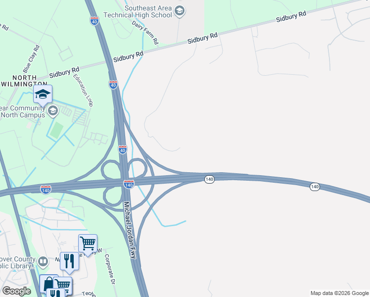 map of restaurants, bars, coffee shops, grocery stores, and more near John Jay Burney Junior Freeway in Castle Hayne