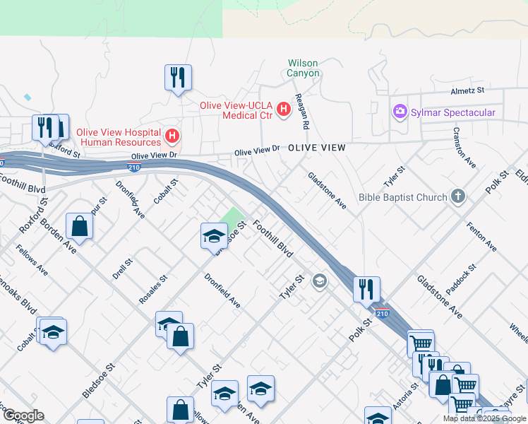 map of restaurants, bars, coffee shops, grocery stores, and more near 14401 Foothill Boulevard in Los Angeles