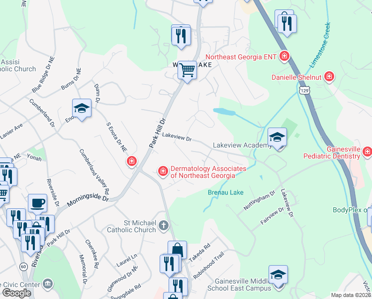 map of restaurants, bars, coffee shops, grocery stores, and more near 891 Charleston Court in Gainesville