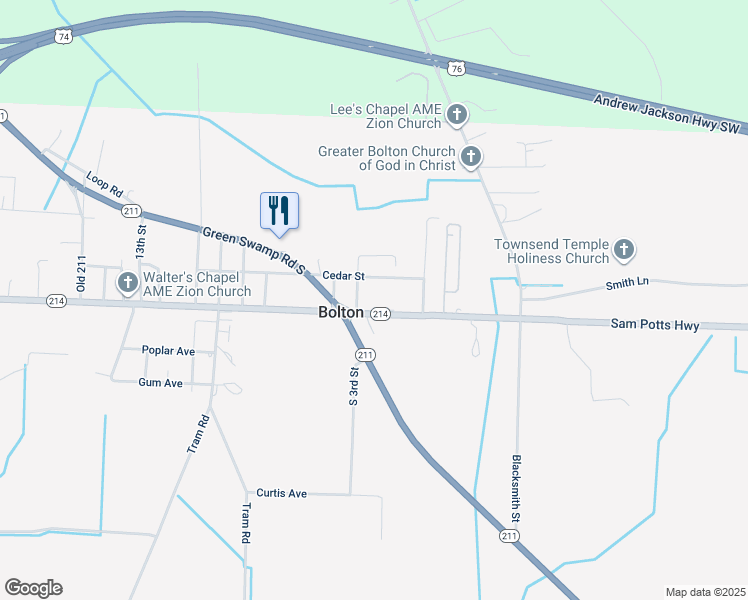 map of restaurants, bars, coffee shops, grocery stores, and more near 15727 Sam Potts Highway in Bolton