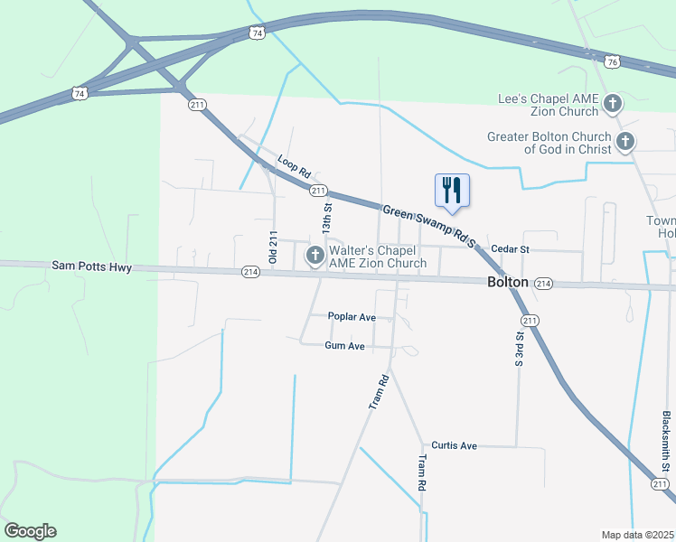 map of restaurants, bars, coffee shops, grocery stores, and more near 15181 Sam Potts Highway in Bolton