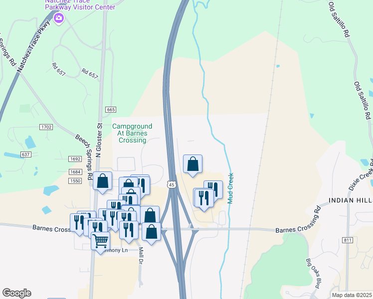 map of restaurants, bars, coffee shops, grocery stores, and more near 882 Cross Creek Drive in Saltillo