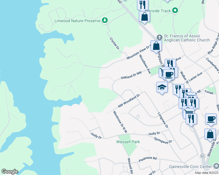 map of restaurants, bars, coffee shops, grocery stores, and more near 1633 Hollywood Avenue in Gainesville