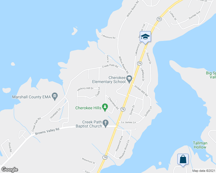 map of restaurants, bars, coffee shops, grocery stores, and more near 3401 Creek Circle in Guntersville