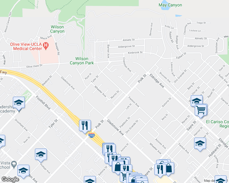 map of restaurants, bars, coffee shops, grocery stores, and more near 13889 Nurmi Street in Los Angeles