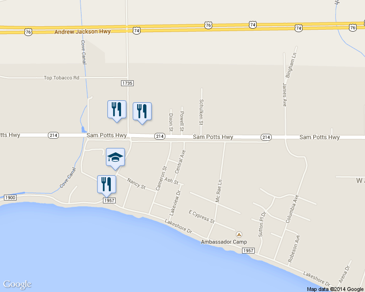 map of restaurants, bars, coffee shops, grocery stores, and more near 305 Church Street in Lake Waccamaw