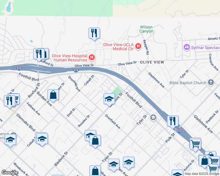 map of restaurants, bars, coffee shops, grocery stores, and more near 14456 Foothill Boulevard in Los Angeles