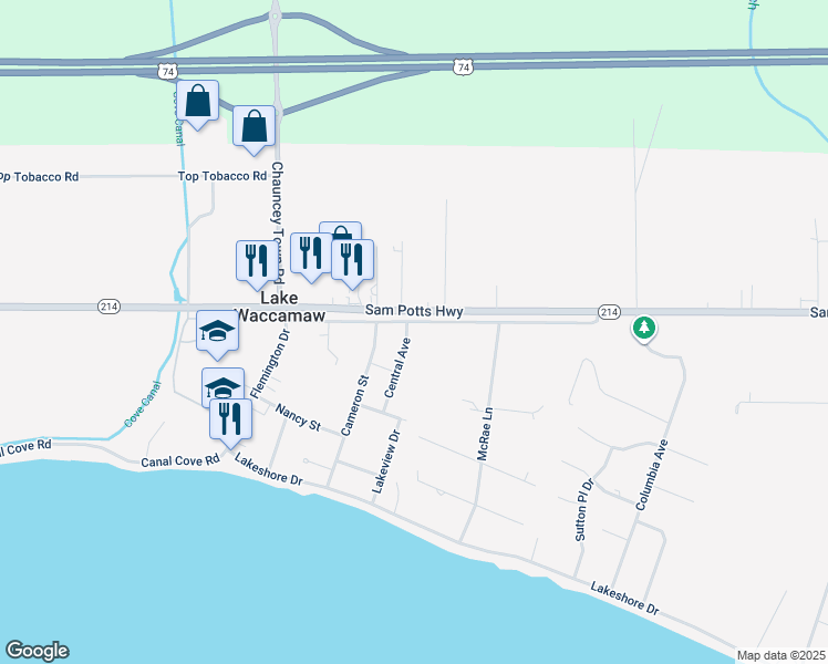map of restaurants, bars, coffee shops, grocery stores, and more near 401 Church Street in Lake Waccamaw