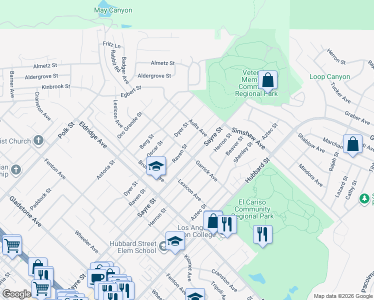 map of restaurants, bars, coffee shops, grocery stores, and more near 13280 Raven Street in Los Angeles