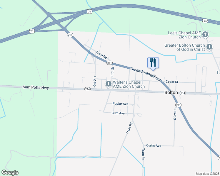 map of restaurants, bars, coffee shops, grocery stores, and more near 15123 Sam Potts Highway in Bolton