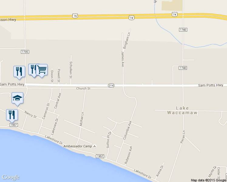 map of restaurants, bars, coffee shops, grocery stores, and more near 803 Church Street in Lake Waccamaw