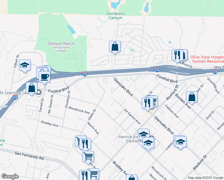map of restaurants, bars, coffee shops, grocery stores, and more near 13775 Glenoaks Boulevard in Los Angeles