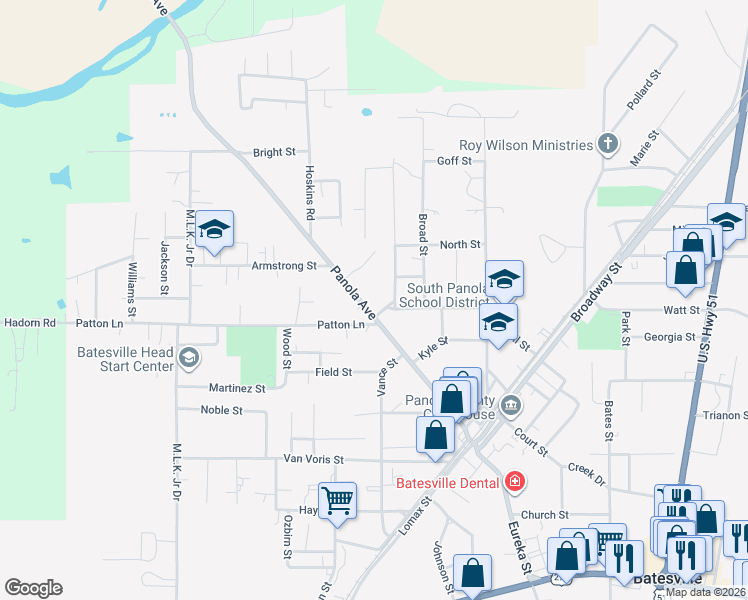 map of restaurants, bars, coffee shops, grocery stores, and more near 128 Panola Ave in Batesville