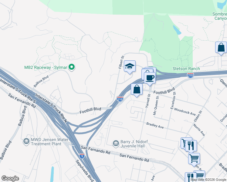map of restaurants, bars, coffee shops, grocery stores, and more near 16139 Filbert Street in Los Angeles