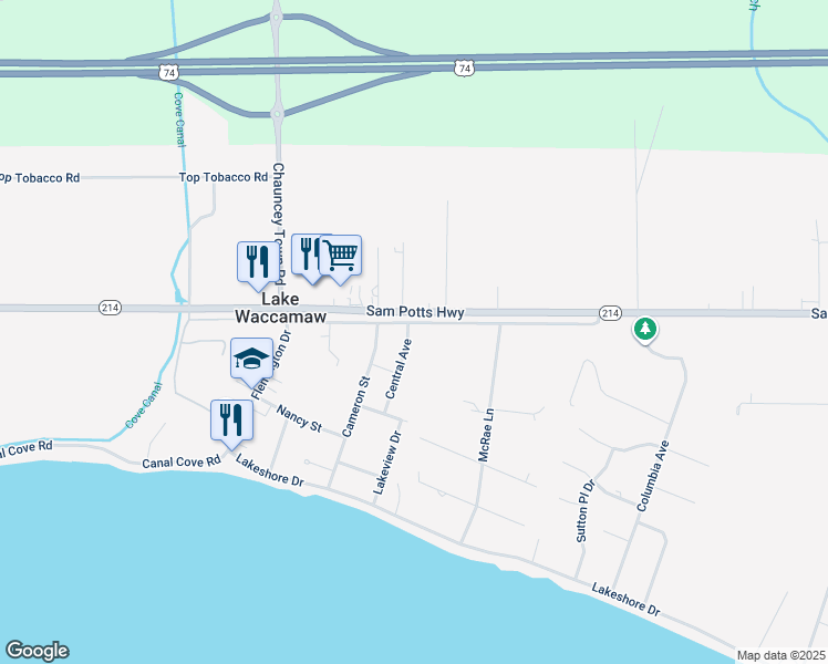 map of restaurants, bars, coffee shops, grocery stores, and more near 401 Church Street in Lake Waccamaw