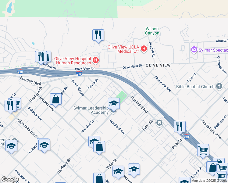 map of restaurants, bars, coffee shops, grocery stores, and more near 14456 Foothill Boulevard in Los Angeles