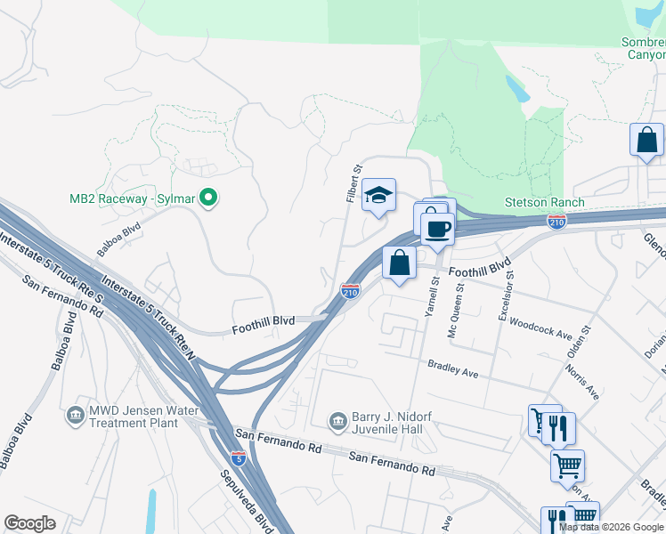 map of restaurants, bars, coffee shops, grocery stores, and more near 16139 Filbert Street in Los Angeles