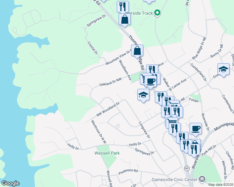 map of restaurants, bars, coffee shops, grocery stores, and more near 1498 Woodland Circle North West in Gainesville