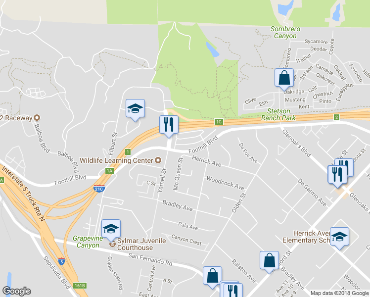 map of restaurants, bars, coffee shops, grocery stores, and more near 15915 Foothill Boulevard in Los Angeles