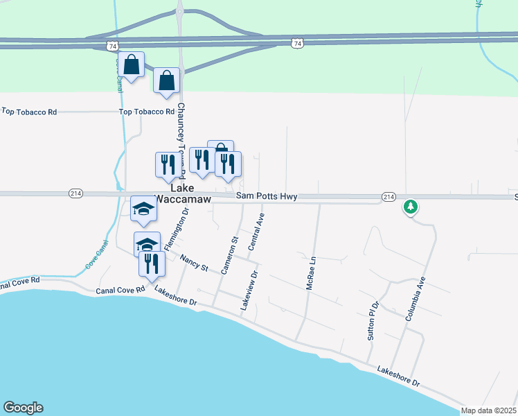 map of restaurants, bars, coffee shops, grocery stores, and more near 305 Church Street in Lake Waccamaw