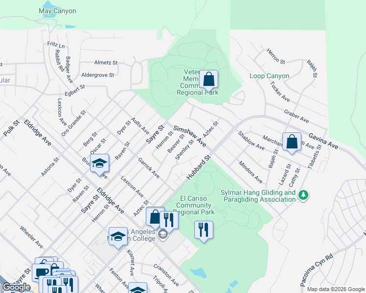map of restaurants, bars, coffee shops, grocery stores, and more near 13049 Shenley Street in Los Angeles