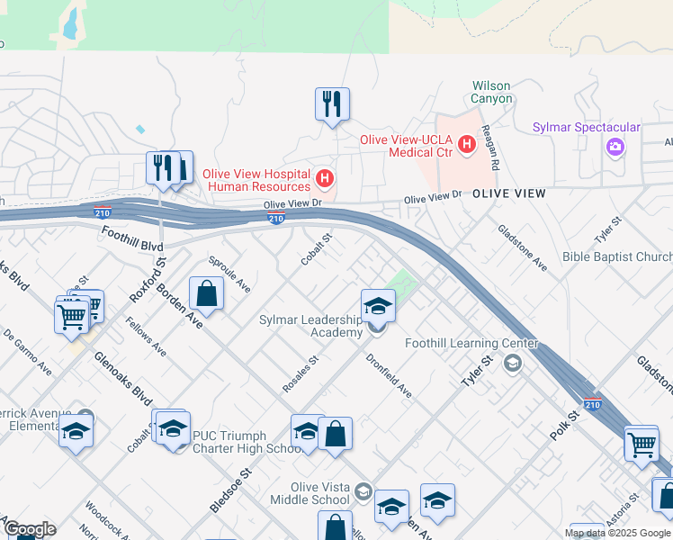 map of restaurants, bars, coffee shops, grocery stores, and more near 14456 Foothill Boulevard in Los Angeles