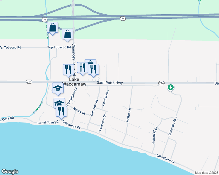 map of restaurants, bars, coffee shops, grocery stores, and more near 401 Church Street in Lake Waccamaw