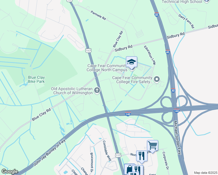 map of restaurants, bars, coffee shops, grocery stores, and more near 3821 Worthdale Drive in Castle Hayne