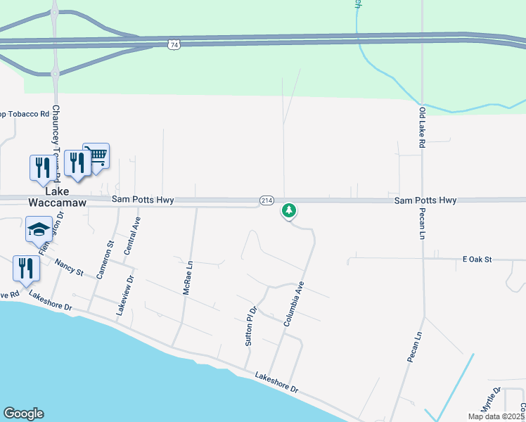 map of restaurants, bars, coffee shops, grocery stores, and more near 803 Church Street in Lake Waccamaw