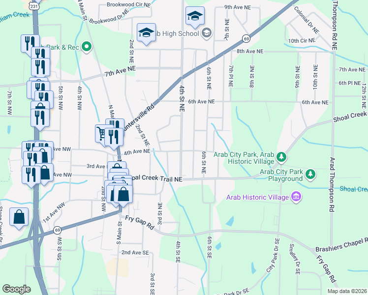 map of restaurants, bars, coffee shops, grocery stores, and more near 400 4th Street Northeast in Arab