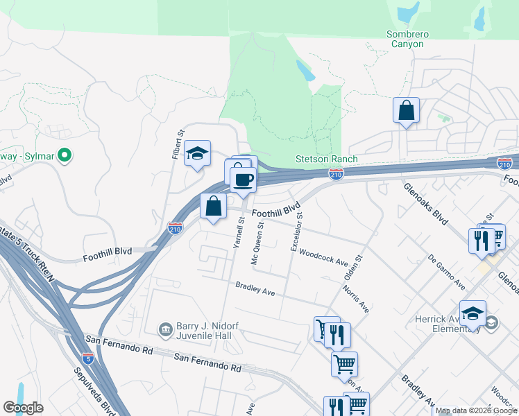 map of restaurants, bars, coffee shops, grocery stores, and more near 15931 Foothill Boulevard in Los Angeles