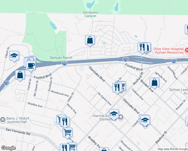 map of restaurants, bars, coffee shops, grocery stores, and more near 13765 Glenoaks Boulevard in Los Angeles