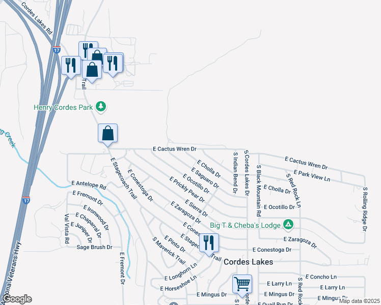 map of restaurants, bars, coffee shops, grocery stores, and more near 20121 East Cholla Drive in Cordes Lakes
