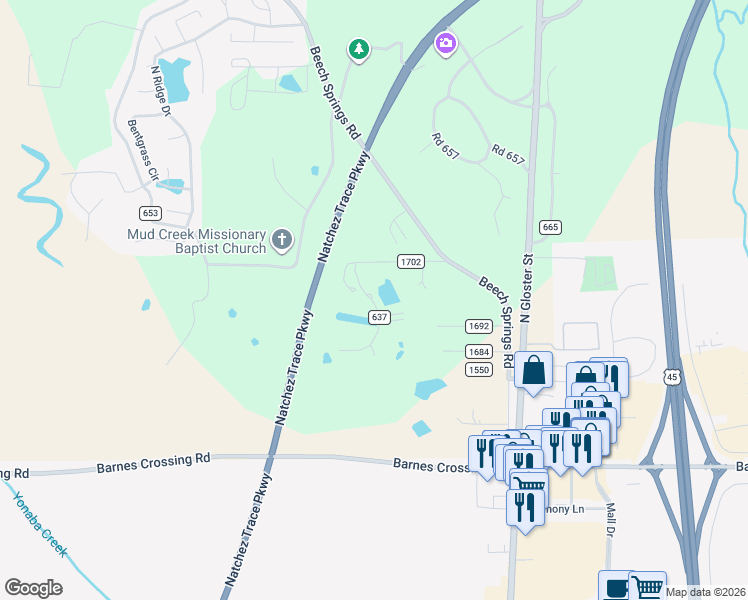 map of restaurants, bars, coffee shops, grocery stores, and more near 100-124 County Road 637 in Saltillo