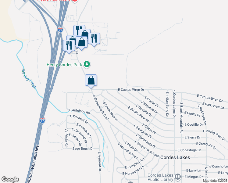 map of restaurants, bars, coffee shops, grocery stores, and more near 19855 East Ocotillo Drive in Mayer