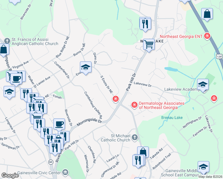 map of restaurants, bars, coffee shops, grocery stores, and more near 1126 South Enota Drive Northeast in Gainesville