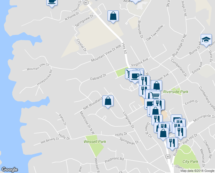 map of restaurants, bars, coffee shops, grocery stores, and more near 1400 Woodland Circle North West in Gainesville