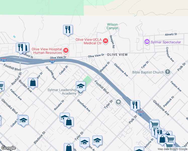 map of restaurants, bars, coffee shops, grocery stores, and more near 14401 Foothill Boulevard in Los Angeles