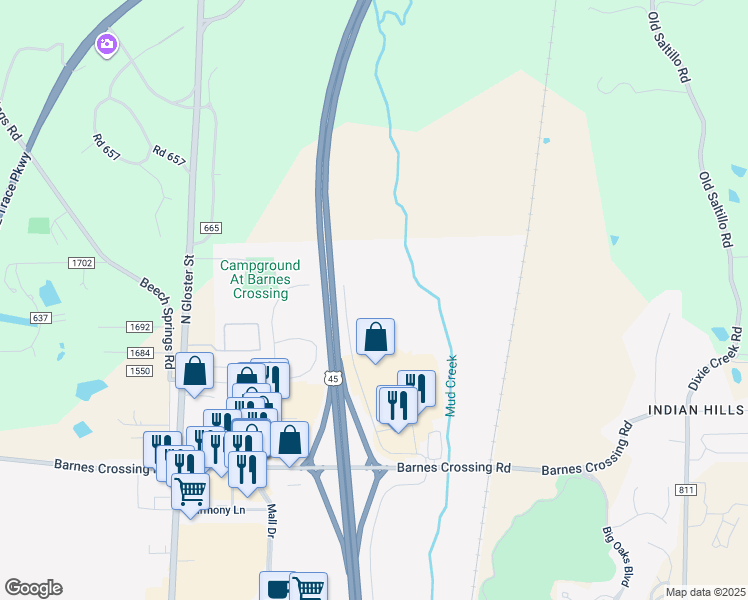 map of restaurants, bars, coffee shops, grocery stores, and more near 882 Cross Creek Drive in Saltillo
