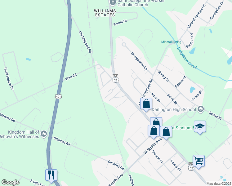 map of restaurants, bars, coffee shops, grocery stores, and more near 101-199 Robin Lane in Darlington