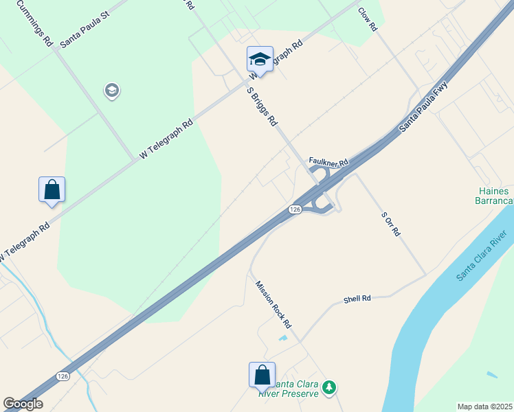 map of restaurants, bars, coffee shops, grocery stores, and more near Faulkner Road in Santa Paula