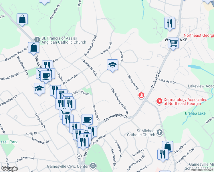 map of restaurants, bars, coffee shops, grocery stores, and more near 1225 Cumberland Valley Road in Gainesville