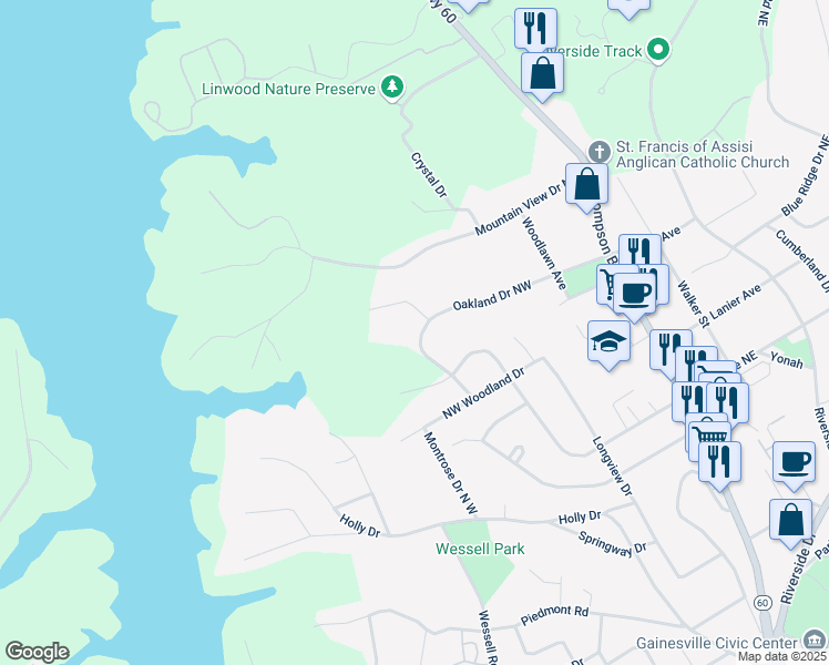 map of restaurants, bars, coffee shops, grocery stores, and more near 1633 Hollywood Avenue in Gainesville