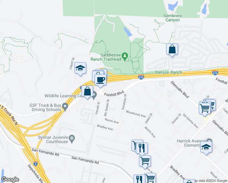 map of restaurants, bars, coffee shops, grocery stores, and more near 15915 Foothill Boulevard in Los Angeles