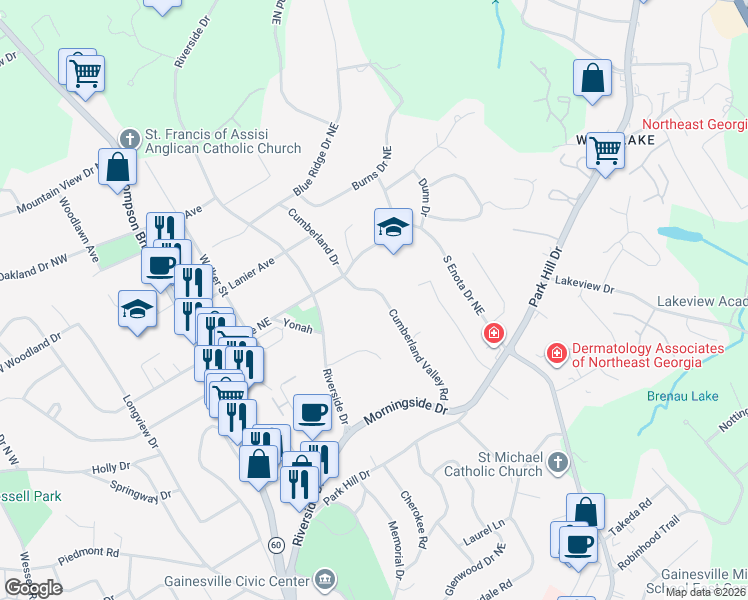 map of restaurants, bars, coffee shops, grocery stores, and more near 1225 Cumberland Valley Road in Gainesville