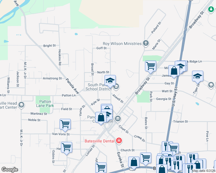 map of restaurants, bars, coffee shops, grocery stores, and more near 200-206 College Street in Batesville