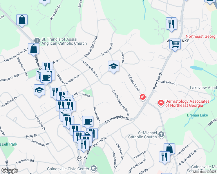 map of restaurants, bars, coffee shops, grocery stores, and more near 1225 Cumberland Valley Road in Gainesville
